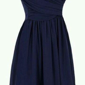 Navy Blue Ruched Chiffon Short A-line Homecoming..