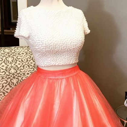 Short Two Piece Homecoming Dress, White And Orange..