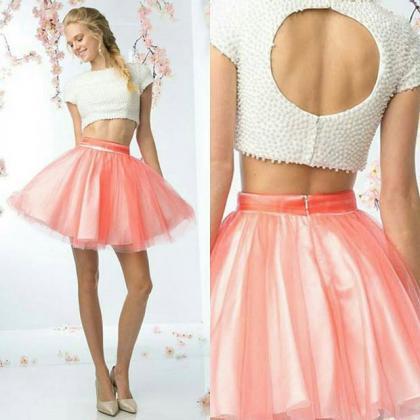 Short Two Piece Homecoming Dress, White And Orange..
