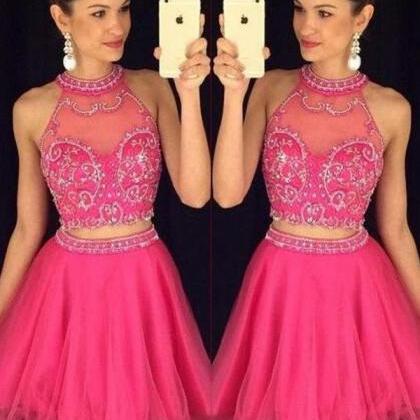 Pink Halter Homecoming Dresses,two Pieces Beaded..