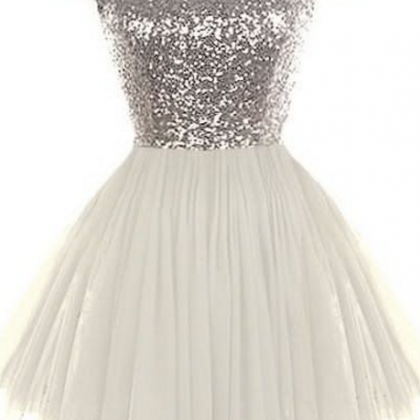 Round Neck Silver Sequin Homecoming Dresses, Cap..