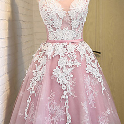 Pink Homecoming Dresses With White Lace, Round..
