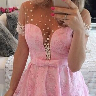 Short Sleeve Homecoming Dress,pink Pearls..