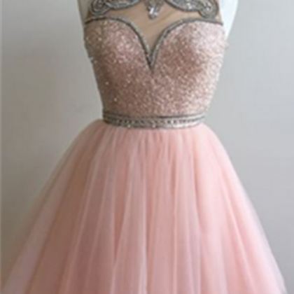 Pink A-line Beaded Tulle Homecoming Dresses,modest..