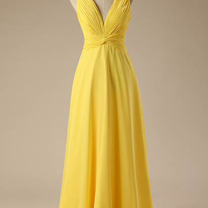 Elegant Bridesmaid Dress Yellow V-neck Chiffon..