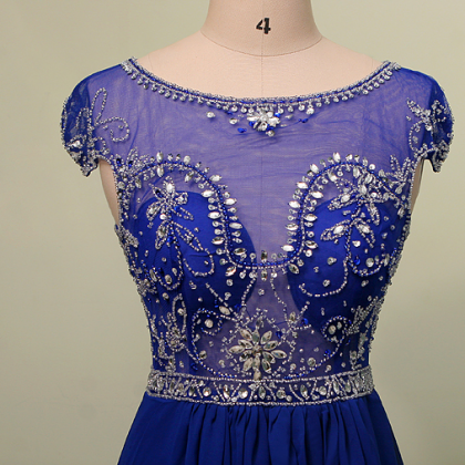 Abendkleider Sheer A Line Prom Dress Blue Beads..