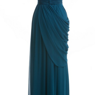 Teal Chiffon Ruched Plunge V Sleeveless Floor..