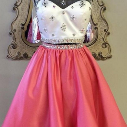 Red Satin Two Pieces Beaded Cute Girly Homecoming..