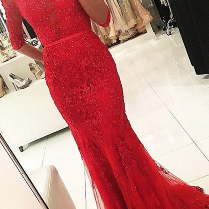 Lace Evening Dresses,sexy Red Backless Half Sleeved Long Evening ...