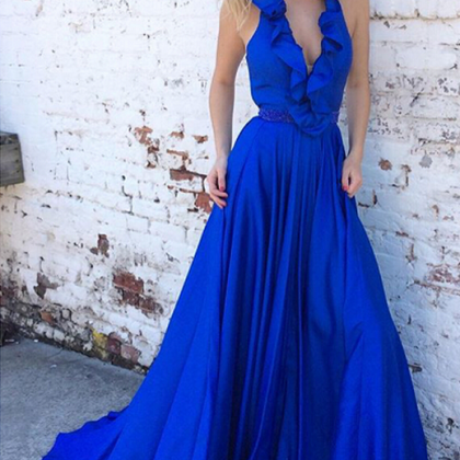 Royal Blue Sleeveless Plunging V A-line Long Prom..