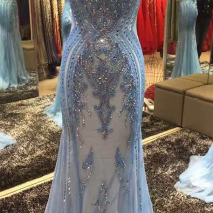 Blue Sheer V-neck Beaded Mermaid Long Prom Dress,..