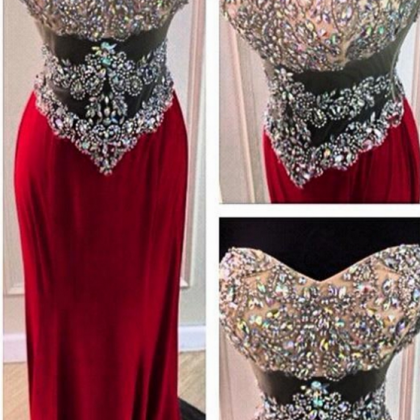Sexy Red Sweetheart Neck Crystal Long Prom Dresses..