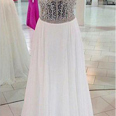 Long Elegant White Prom Dresses, Luxury Beaded..