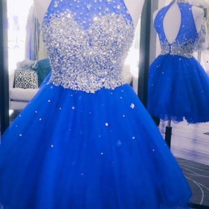 Blue Beaded One Shoulder Mini Prom Dresses Short..