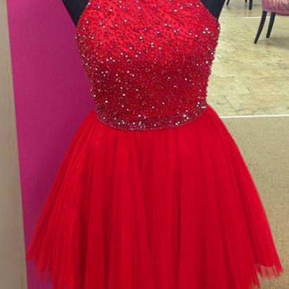 Cute Red Beaded One Shoulder Mini Prom Dresses..