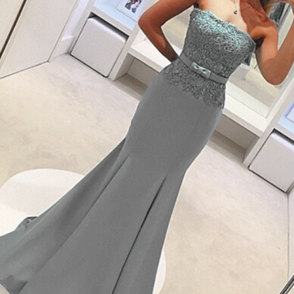 Gray Prom Dresses Strapless Mermaid Satin Evening..