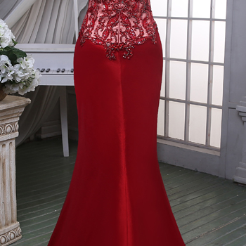 High Neck Vintage Red Lace Evening Dress, Long..
