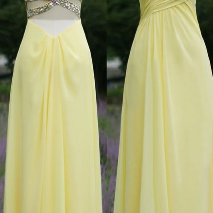 Yellow Long Chiffon Prom Dresses With Crystals..