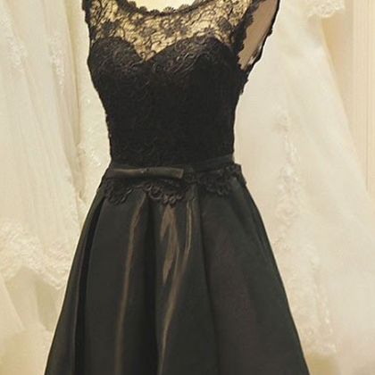 A-line Crew Neck Black Satin Homecoming Dress With..