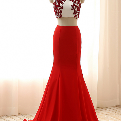 Red Two-piece Mermaid Long Prom Dress, Evening..