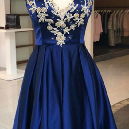 Cute Blue Round Neck Applique Homecoming Dress,a..