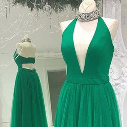 Halter Prom Dress,green Graduation Dress,v-neck..