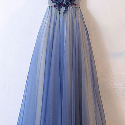 Blue Tulle Round Neck Long Prom Dress, Tulle..
