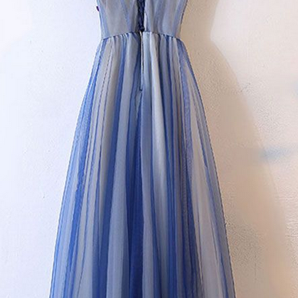 Blue Tulle Round Neck Long Prom Dress, Tulle..