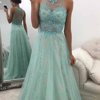 A-line Round Neck Sweep Train Mint Green Prom..