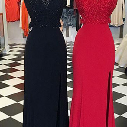 Pretty Black And Red Long Prom Dresses,front Split..