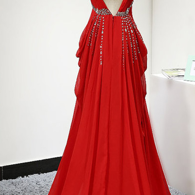 Red Backless Prom Dress,long Elegant Chiffon..