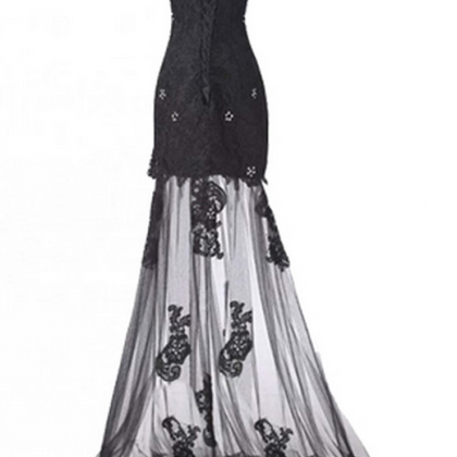 One-shoulder Beaded Black Floor-length Prom Dress..