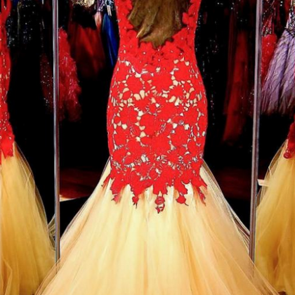 Gold Prom Dress With Red Lace,formal Dress,prom..