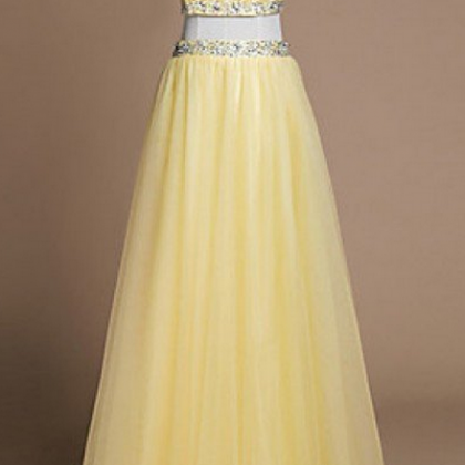 Prom Dress, Yellow Two Piece Sequin Beading Long..