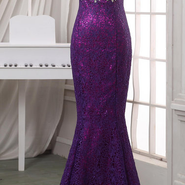 Purple Sleeveless V-neck Lace Jewel Embellished..