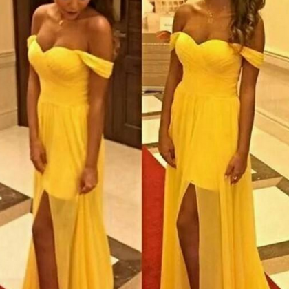 Open-back Long Yellow Front-slit Off-the-shoulder..