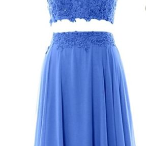 Custom Charming Blue Chiffon Prom Dress, Two..
