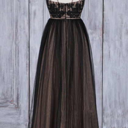 Black V Neck Lace Tulle Long Prom Dress, Black..