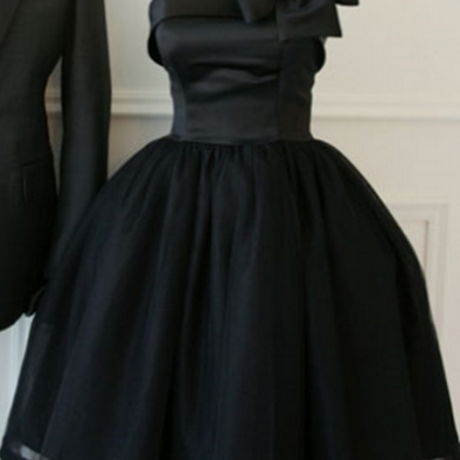 One Shoulder Bowknot Black Short Bridesmaid Dress