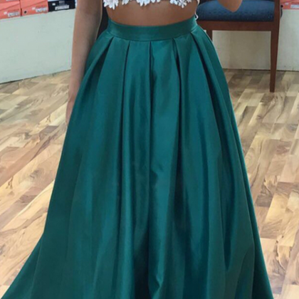 Two Pieces Long Satin Prom Dresses Lace Halter..