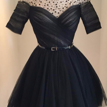 Short Cocktail Dress,black Beaded Tulle Prom..