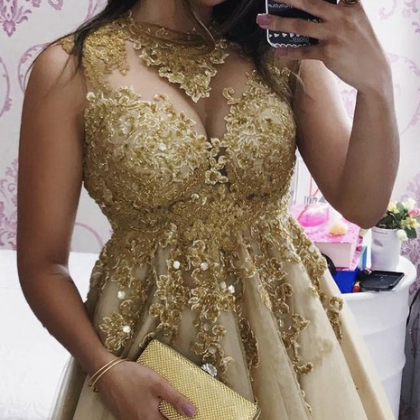 Gold Lace Short Prom Dresses High Neck Elegant..