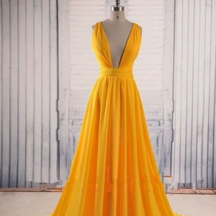 Yellow Prom Dresses,v-neck Prom Dress, Prom..