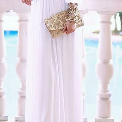 Simple Style White Chiffon Prom Dress Long Sleeves..
