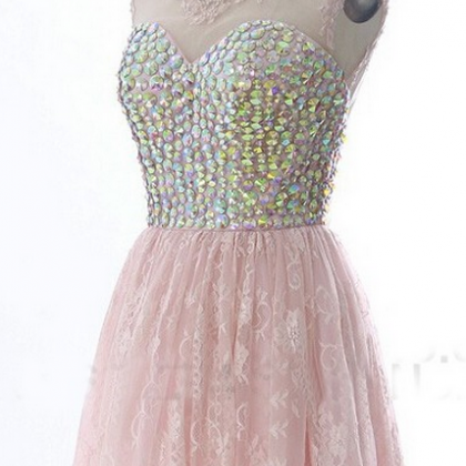 Sleeveless Pink Homecoming Dresses Aline Lace..
