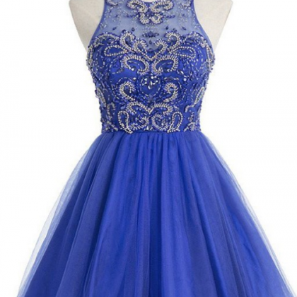 Sleeveless Blue Tulle Homecoming Dresses A Line Beadings Mini Jewels ...