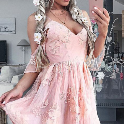 Short Sleeve Pink Chiffon Homecoming Dresses..