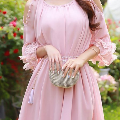 Pink Prom Dress,middle Sleeve Prom Dress,fashion..