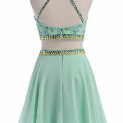 Classy Cute Mint Beaded Two Pieces Open Back..