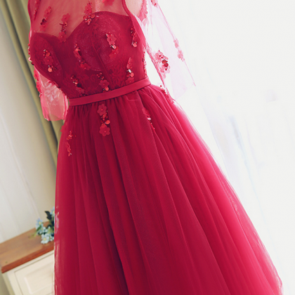 Party Dress, Tea Length Red Lace Bridesmaid..